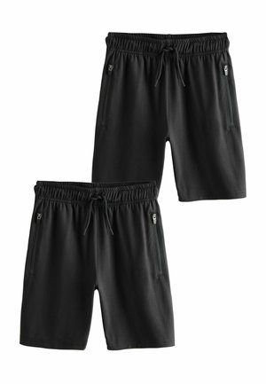 Black athletic shorts made of soft material, featuring an elastic waistband with drawstring, and zipper pockets on both sides.