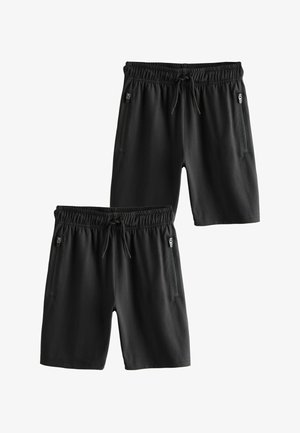 Schwarze Sportshorts aus weichem Material, mit elastischem Bund und Kordelzug sowie Reißverschlusstaschen auf beiden Seiten.
