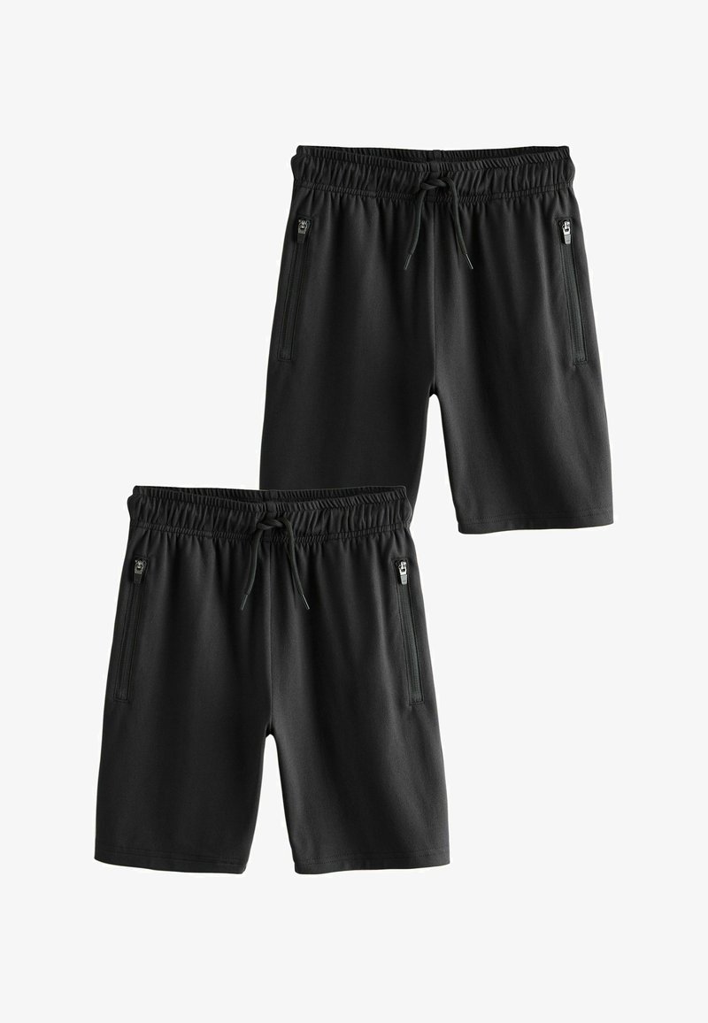Shorts de sport noirs en matériau doux, dotés d'une ceinture élastique avec cordon de serrage et de poches zippées des deux côtés.
