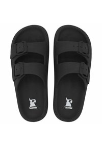 Sandales à glissière noires en matériau doux, dotées de deux sangles à boucles réglables et d'un graphic logo blanc sur la semelle.