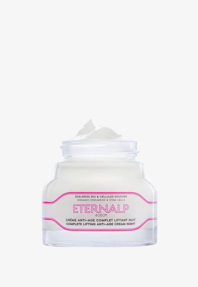 Barattolo di Crema Notte Anti-Età Lifting Completo Eternalp con edelweiss biologico e cellule staminali, mostrando la consistenza della crema bianca sulla superficie.
