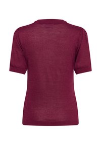 Burgundska pletena majica s kratkimi rokavi z rebrastim okroglim izrezom ter lahkotno, rahlo prosojno teksturo. Enostaven, minimalističen dizajn.