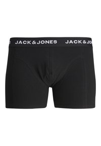 Schwarze Boxer-Shorts aus glattem Stoff mit einem elastischen Bund, der mit "JACK & JONES" in Weiß bedruckt ist. Enganliegendes Design und flache Nähte.