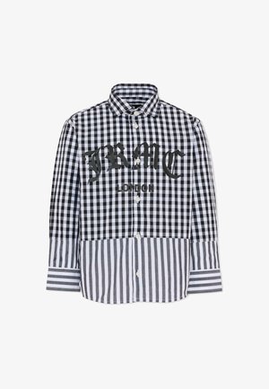 Zwart-wit geruit overhemd met contrasterende gestreepte panelen, voorzien van een spitse kraag, knopen en gewaagde "JRMCLONDON" tekst aan de voorkant.