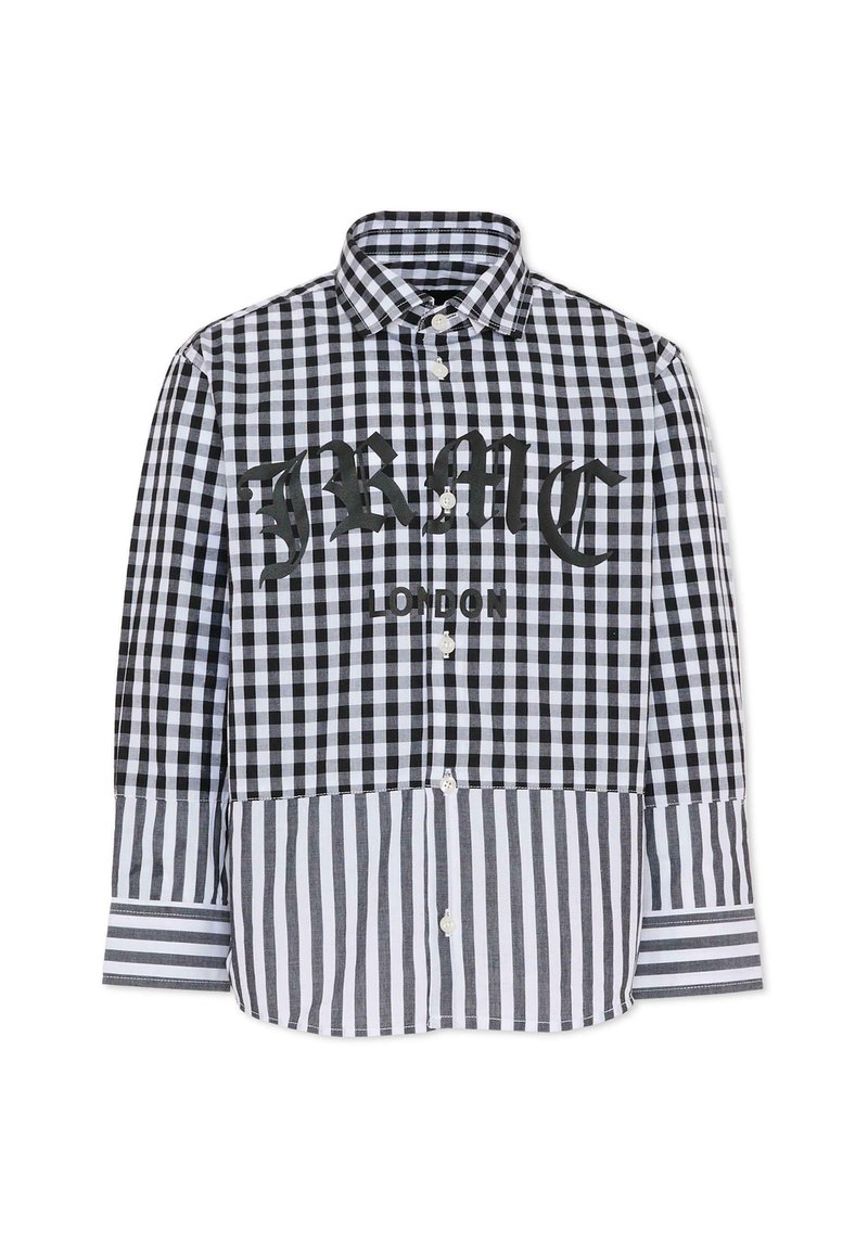 Koszula w czarno-białą kratę z kontrastującymi, paskowanymi panelami, z ostrym kołnierzykiem, guzikami i wyrazistym napisem "JRMCLONDON" na przodzie.
