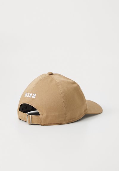 Brown cotton baseball cap featuring a curved brim, embroidered "MSGM" logo on the back, and an adjustable strap for sizing.