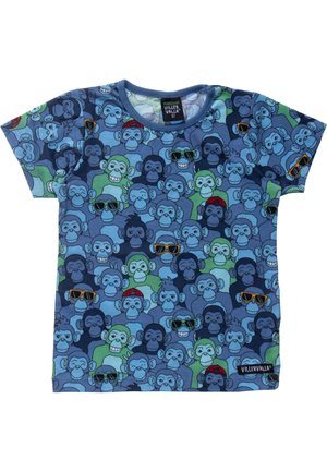 Kortærmet blå børne-T-shirt dækket af tegneserieabefjes, nogle med solbriller eller røde kasketter, mærket "Villervalla" størrelse 92.