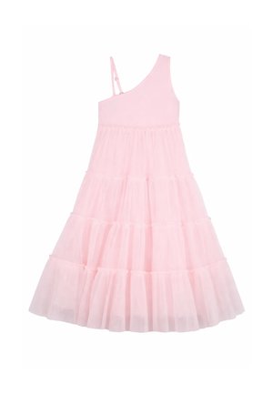 Vestito rosa chiaro senza maniche con una sottile bretella sulla spalla e gonna in mesh plissettata a balze che arriva a metà polpaccio.