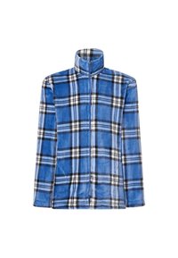 Chaqueta de forro polar a cuadros azules con cuello alto, que presenta patrones de cuadros en blanco y negro, cremallera frontal completa y mangas largas. Textura suave.