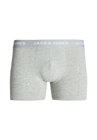 Grey cotton boxer briefs with a fitted design, featuring a white elastic waistband labeled "JACK & JONES" in uppercase lettering.