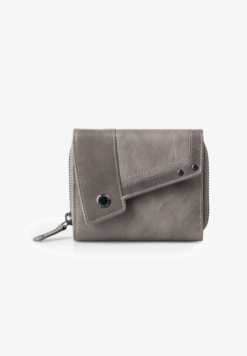 Gray leather wallet with a flap closure, zipper detail, and contrasting stitching. Features a snap button and textured surface. Compact design.