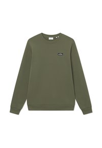 Olivegrünes Sweatshirt aus Baumwollmischung, mit Rundhalsausschnitt, langen Ärmeln, gerippten Bündchen und einem kleinen Markenpatch auf der Brust.