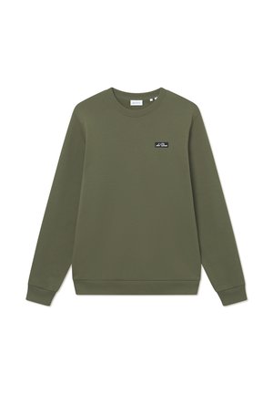 Olivegrünes Sweatshirt aus Baumwollmischung, mit Rundhalsausschnitt, langen Ärmeln, gerippten Bündchen und einem kleinen Markenpatch auf der Brust.