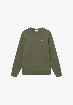Sudadera verde oliva hecha de una mezcla de algodón, con cuello redondo, mangas largas, puños de canalé y un pequeño parche de marca en el pecho.