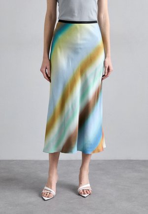 Multicolored satin midi skirt featuring a blue base with brown and green diagonal stripes, a smooth texture, and an elastic black waistband.
