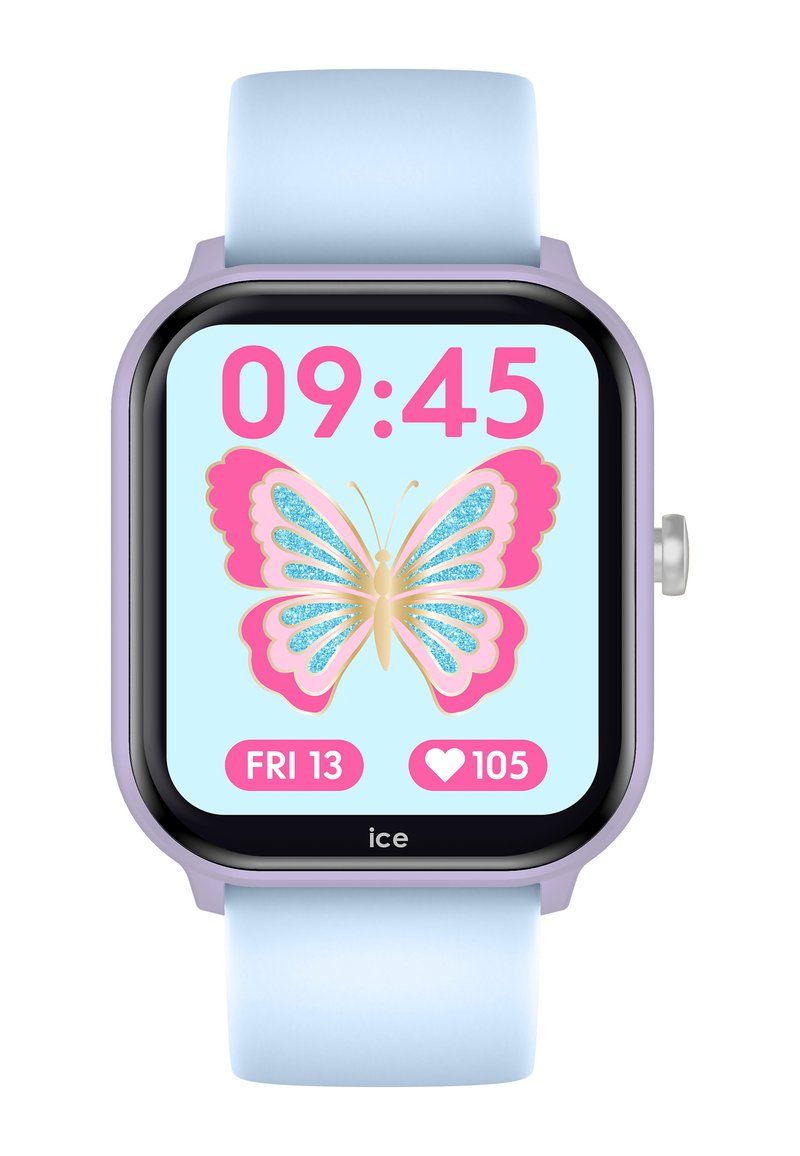 Smartwatch con una cornice lavanda e un cinturino in silicone blu chiaro. Lo schermo mostra un design di farfalla rosa, l'ora 09:45 e la frequenza cardiaca 105.