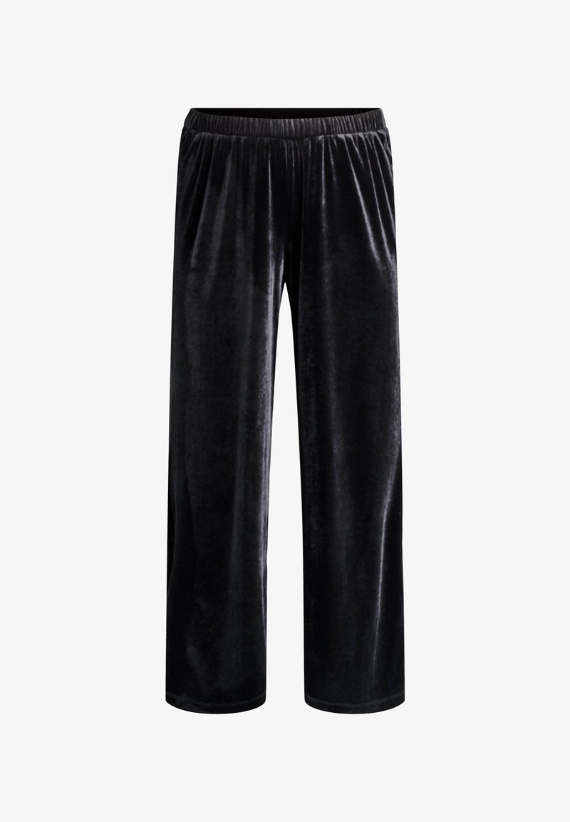Pantalones de terciopelo negro de pierna ancha con cintura elástica. La tela tiene una textura suave y un brillo suave, presentando un diseño limpio y sencillo.