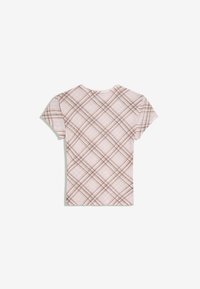 T-shirt a maniche corte con motivo a quadri diagonali in rosa chiaro e marrone, mostrata sul retro su uno sfondo bianco.