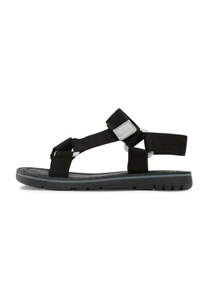 Sandale negre cu vârf deschis, cu barete reglabile cu velcro și talpă căptușită, concepute pentru purtare casual în aer liber.