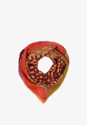 Kolmnurkne sall oranži, pruuni ja roosa toonides. Omab geomeetrilisi mustreid ja frantsi ääres. Ühel küljel väike metallist logo aktsent.