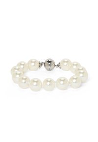 White pearl bracelet featuring smooth, round pearls, separated by small metallic accents, and a shiny silver-colored clasp.