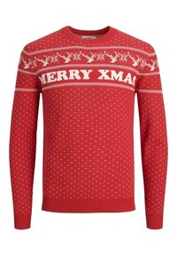 Roter, gestrickter Pullover mit weißem Text "FROHE WEIHNACHTEN", Rentiermustern und Schneeflockendesigns. Gerippte Bündchen und Saum.