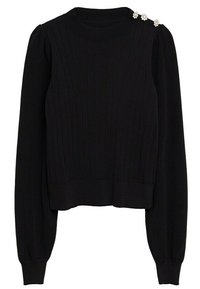 Pull noir en tricot avec texture côtelée, encolure ronde, manches longues bouffantes et accents décoratifs en perles sur une épaule. Coupe raccourcie.