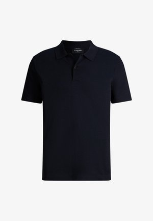 Schwarzes Poloshirt mit kurzen Ärmeln, Kragen und Zweiknopfleiste, schlichtes Design, aus Baumwolle, Markenlabel im Innnenkragen.