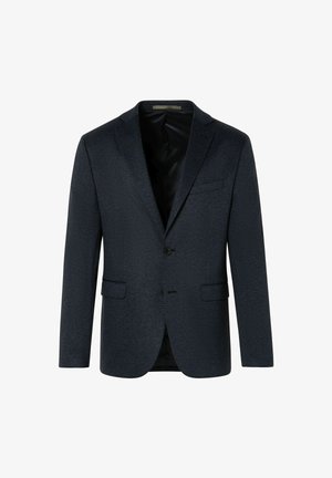 Marineblaues Blazer mit feiner Struktur, mit Reverskragen, zwei Vorder taschen und einer einzigen Knopfverschluss. Glatte Innenauskleidung.