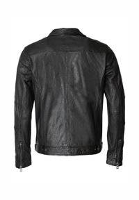 Schwarze Lederjacke mit glatter Textur, Reißverschlussärmel und klassischem Kragen. Verfügt über eine Paneleinheitung auf dem Rücken und den Seiten.