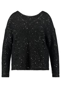 Maglione nero lavorato a maglia con scollo a V, maniche lunghe e vestibilità ampia, decorato con paillettes argento sparse per aggiungere texture.