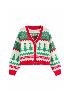 Festive kurz geschnittener Pullover mit rotem Saum, verziert mit grünen Weihnachtsbäumen, Zuckerstangen und Geschenkbox-Mustern, mit drei Knöpfen geschlossen.