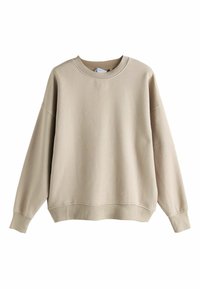 Beige sweatshirt i mjukt tyg. Har rund halsringning, sänkta axlar och ribbade ärmslut och nederkant, med en slät textur.