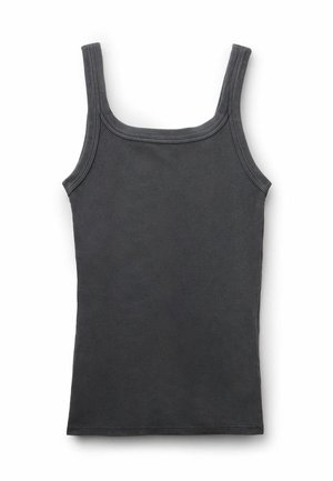 Donkergrijze geribde tanktop met een vierkante halslijn, dunne bandjes en een getailleerd silhouet. Zachte textuur met platte naden aan de randen.