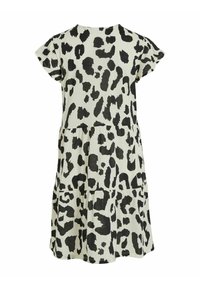 Robe à imprimé léopard noir et blanc en tissu doux, dotée de manches courtes et d'un design à volants avec une coupe décontractée.