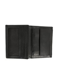 Czarny skórzany portfel z wieloma kieszonkami na karty, teksturowaną siateczkową kieszenią oraz gładkim wnętrzem z precyzyjnym przeszyciem.