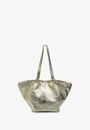 Metallic gold tote bag with glossy finish, spacious rounded shape, and dual short handles. Features simple design without embellishments.