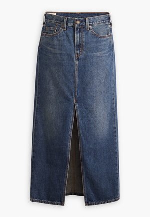 Blå denim midi nederdel med frontslids, bæltestropper, knap- og lynlås-lukning samt fem-lomme design på hvid baggrund.