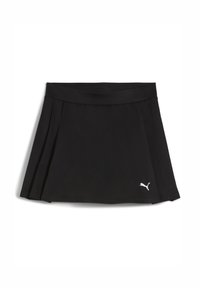 Jupe plissée noire en tissu extensible, avec une large ceinture et un petit logo Puma blanc sur le bas à droite.