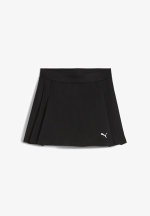 Fustă plisată neagră din material elastic, cu un talie lată și un mic logo alb Puma în partea dreaptă jos.