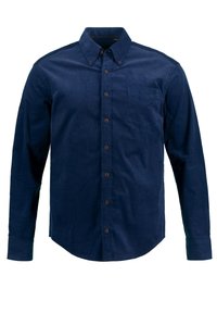 Marinblå långärmad skjorta med knappar, tillverkad av strukturerat tyg, med en ficka på vänster bröst och bruna knappar längst fram.