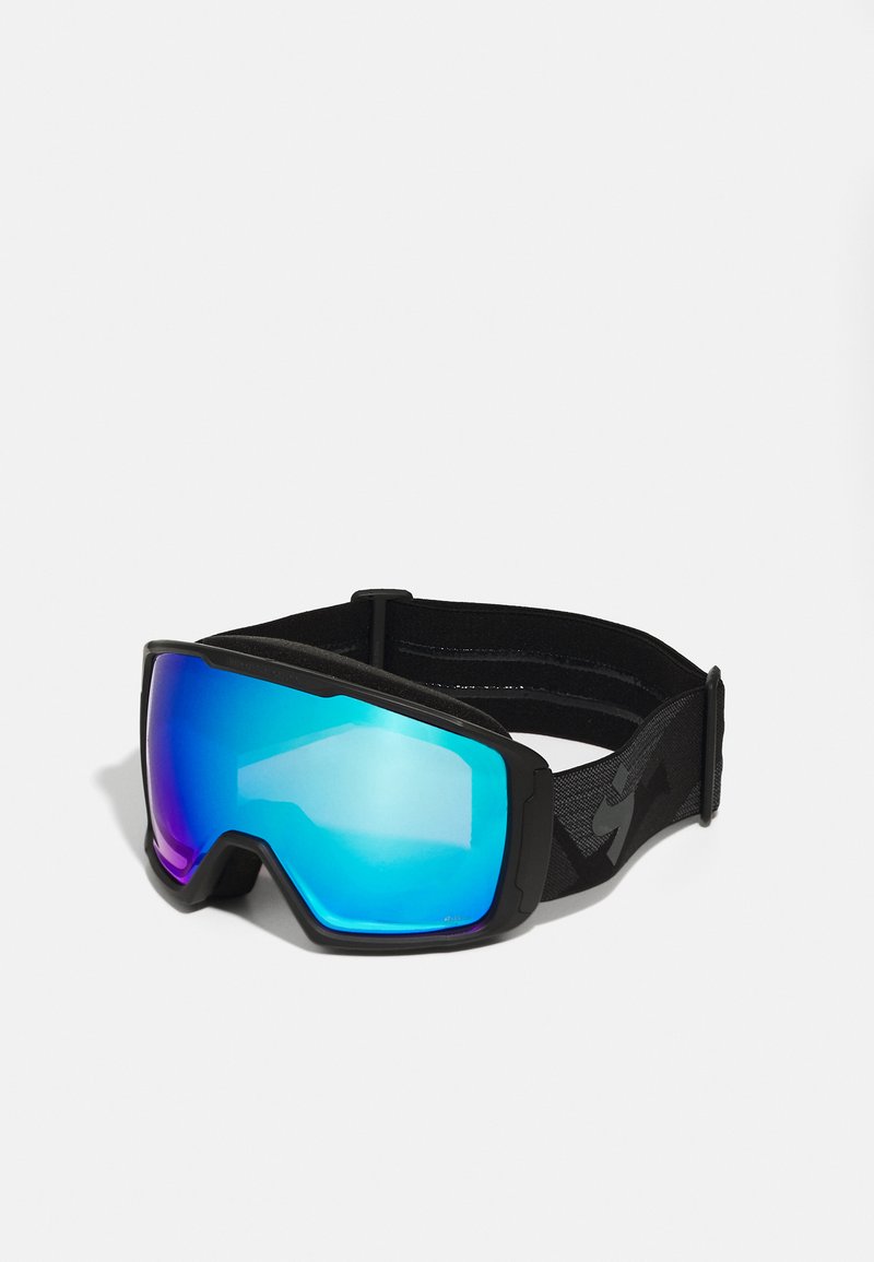 Óculos de esqui com uma armação preta, design curvado e lentes espelhadas azuis. Apresenta uma tira preta ajustável com um padrão texturizado.