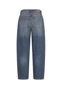 Jean en denim bleu montré de dos avec deux poches arrière, une coupe droite et des détails de couture visibles.