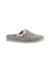 Pantofole grigie in feltro con decorazione floreale bianca e rossa sul lato e suola in gomma beige.