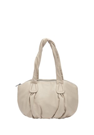 Beige weiche Leder-Umhängetasche mit gerafften Details, zwei breiten Griffen und Reißverschluss oben.