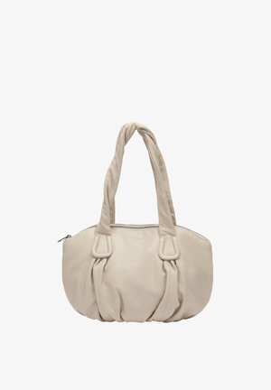 Beżowa miękka skórzana torba na ramię z marszczeniami, podwójnymi szerokimi uchwytami i zamknięciem na górnym zamku błyskawicznym.