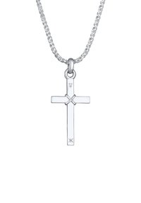 Hopeinen ristiriipus punotulla ketjulla, jossa on sileä viimeistely ja hienovarainen solmukoriste risteyksessä. Leimattu 925 hopean puhtauden merkiksi.