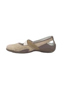 Chaussure plate pour femmes beige et marron avec un motif floral texturé, une bande élastique sur le dessus et un design à talon ouvert.
