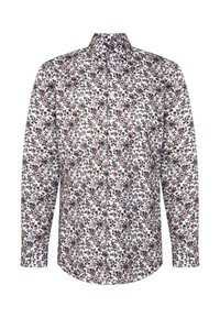 Koszula z długim rękawem, biała z wielokolorowym kwiatowym wzorem w bordowym, zielonym i niebieskim kolorze. Kołnierzyk na guziki, lekka tkanina.