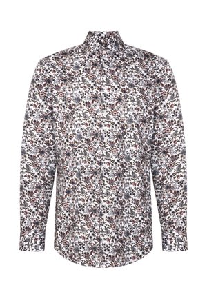 Langarmshirt met een witte basis en een meerkleurig bloemenpatroon in bordeauxrood, groen en blauw. Knopenkraag, lichtgewicht stof.